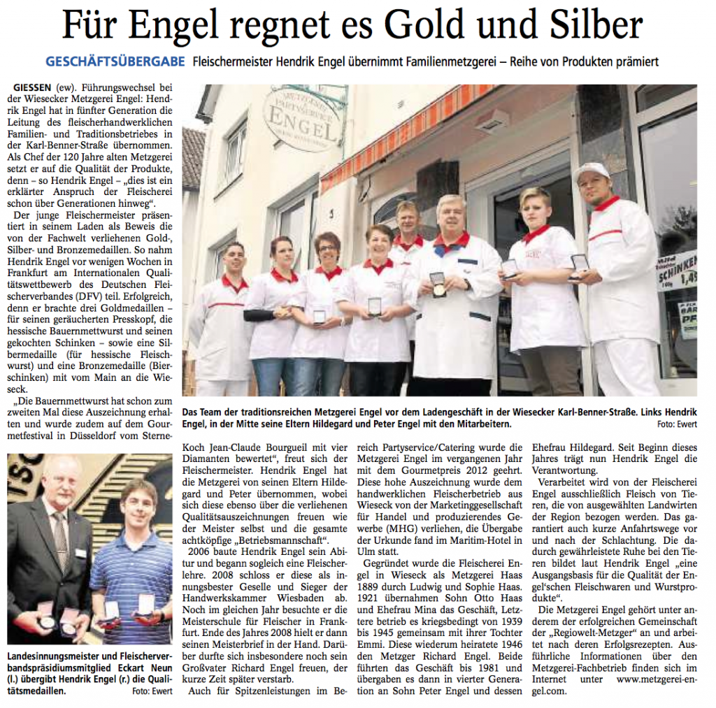 Zeitungsartikel - Metzgerei Engel - Gießener Anzeiger vom 22. Mai 2013